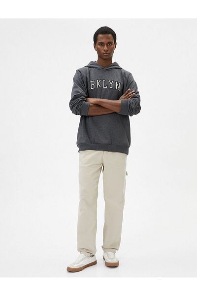 Koton College Pattern Hooded Sweat - Slogan Embroidered Long Sweat