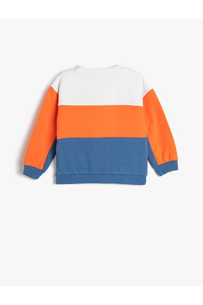 Koton Sweatshirt Color Blocked Crew Neck Raised Applique Detailed Cotton