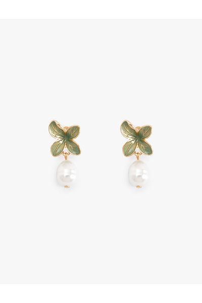 Koton Pearl Earrings Leaf Detailed Dangle Zinc Alloy