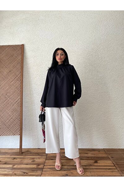 KÜÇÜĞÜM BUTİK Long Sleeve Black Crepe Blouse - Neck Drawstring