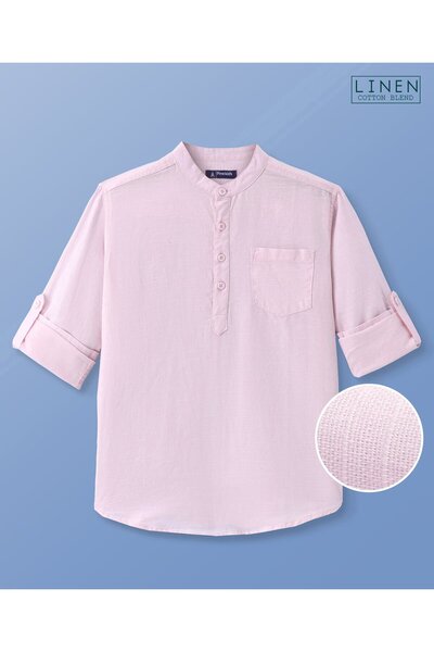 Pine kids Linen Woven Full Sleeves Mandarin Collar Solid Shirt - Light Pink