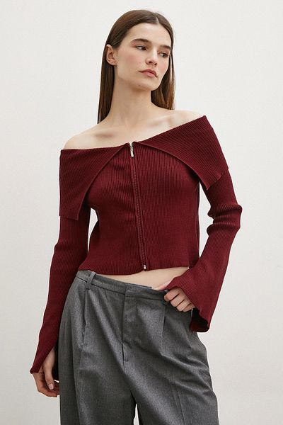 Never more Cardigan cu guler batistă cu fermoar burgundy