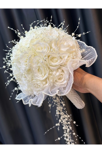 GELİNÇİÇEKCOM Tüllü Ve İncili Gül Gelin Çiçeği