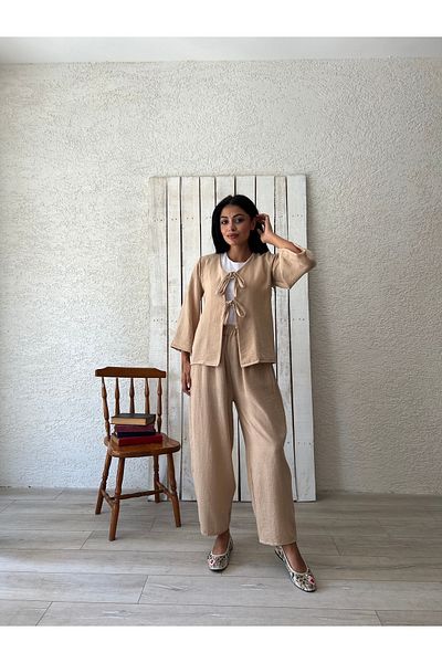 KÜÇÜĞÜM BUTİK طقم بلوزة بنطلون كتان كريمي (PANT-BLUZ)