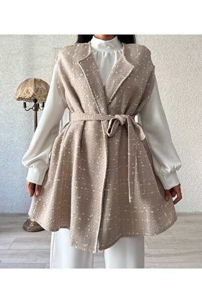 KÜÇÜĞÜM BUTİK Γυναικείο πόντσο μπεζ Oversize Tweed