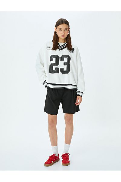 Koton V-Neck Ribbed College Printed Raised Oversize Sweatshirt