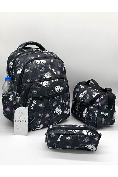 Bevitton Girl's Primary School Bag Character Printed Orthopedics Set of 3 Black Primary School Bag