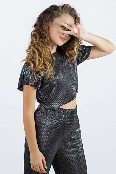 Riccotarz Bluză cu frunze din țesătură strălucitoare pentru fete, cu pliuri, pantaloni largi, cu fundul antracit