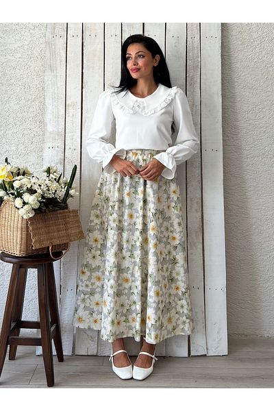 KÜÇÜĞÜM BUTİK Fusta evazată din popelină gri cu model de flori de azalea