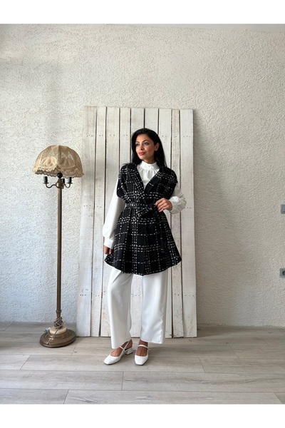 KÜÇÜĞÜM BUTİK Black Oversize Tweed Women's Poncho