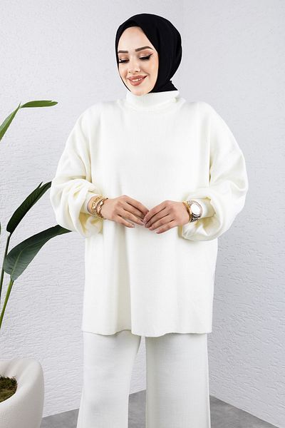 Tesettür Dünyası White Balloon Sleeve Knitwear Set - Tsd 240952
