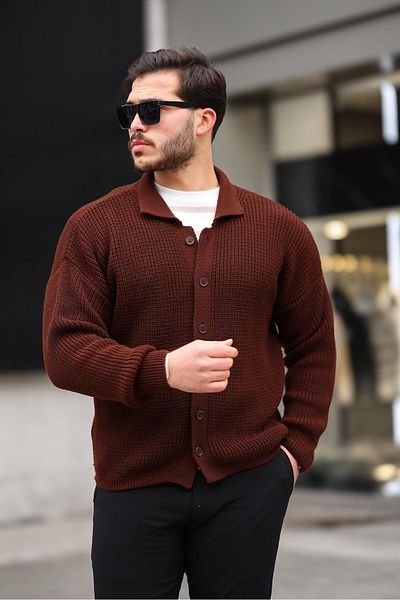 Valiberta Oversize Thessaloniki Knitted Buttoned Men's Cardigan - Dark Brown