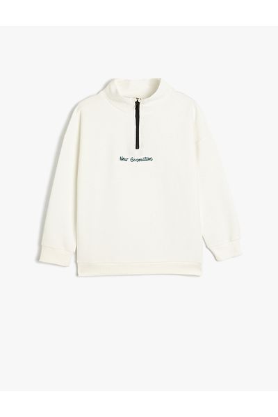 Koton Stand Collar Half Zip Sweatshirt Long Sleeve Slogan Embroidered