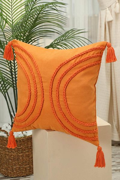 Aisha's Design Bohemian Tasseled Punch Embroidery Throw Pillow Cover - K-117