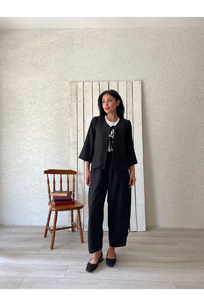KÜÇÜĞÜM BUTİK Set bluză cu pantaloni de in negru (PANTALONI-BLUZ)