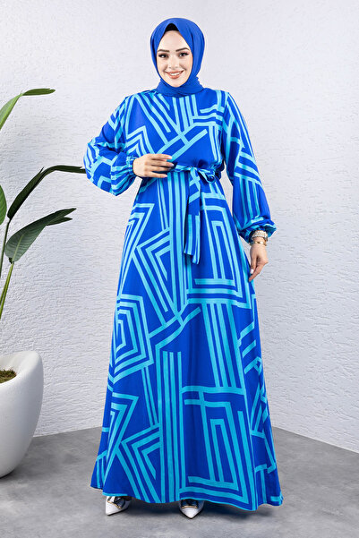 Tesettür Dünyası Çizgi Desenli Viskon Uzun Tesettür Elbise TSD240943 Mavi
