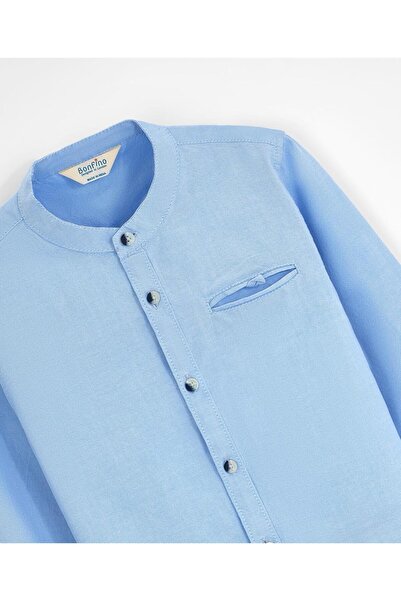 Bonfino 100% Cotton Woven Full Sleeves Solid Mandarin Collar Shirts -Blue