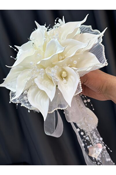 GELİNÇİÇEKCOM زهرة الزفاف الاصطناعية مع تول اللؤلؤ