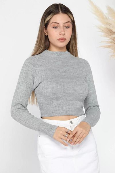 GÜLSELİ Pulover din tricotaj crop cu nervuri gri