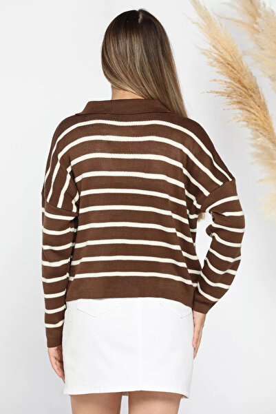 GÜLSELİ Καφέ Γυναικείο Πουκάμισο γιακά Ριγέ Πλεκτό Μπλούζα