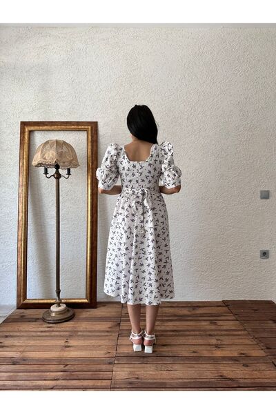 KÜÇÜĞÜM BUTİK Λευκό-μωβ Λεβάντα τετράγωνο γιακά φόρεμα Seersucker