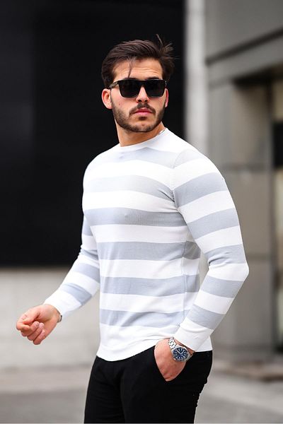 Valiberta Knitted Striped Crew Neck Thin Knitwear Men's Sweater - Gray