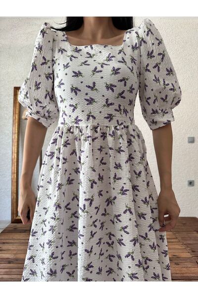 KÜÇÜĞÜM BUTİK Λευκό-μωβ Λεβάντα τετράγωνο γιακά φόρεμα Seersucker