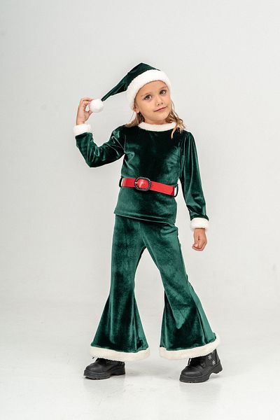 Eray Kids Christmas Themed Santa Girl's Green Velvet Costume with Belt Hat