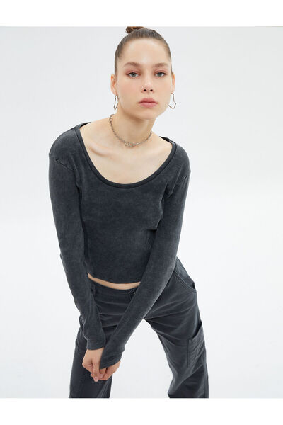 Koton T-Shirt mit verblasstem Effekt, Camisole aus Baumwolle, langärmlig, U-A...