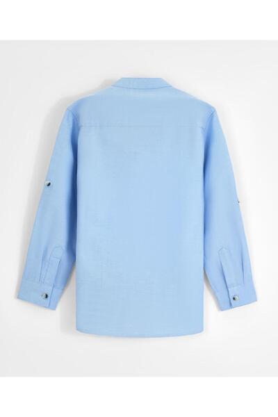 Bonfino 100% Cotton Woven Full Sleeves Solid Mandarin Collar Shirts -Blue