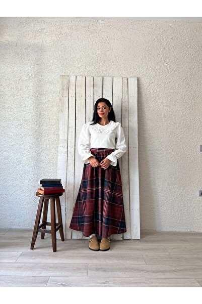 KÜÇÜĞÜM BUTİK Plaid Patterned Brown and Claret Red Flared Skirt