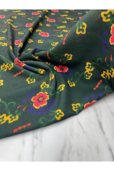 ipekkumaş Yeşil Türkmen Desen Elbiselik Keten Kumaş