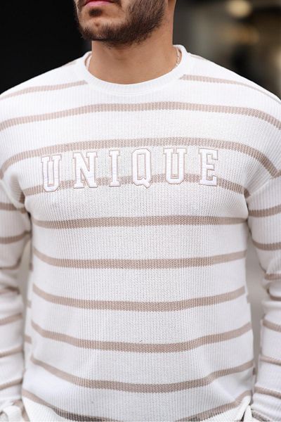 Valiberta Beige Color Unique Printed Striped Men's Sweatshirt