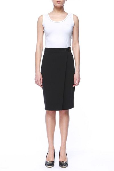 Escada Medium Length Black Wool Double Breasted Skirt with Accessory Detail