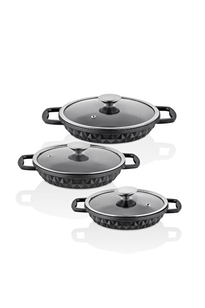 Taç Bella Döküm Cam Kapaklı 3'lü Sahan Seti 18-20-22 Cm