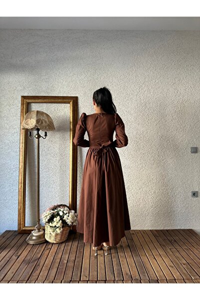 KÜÇÜĞÜM BUTİK Tesettür Kahve Kloş Poplin Elbise