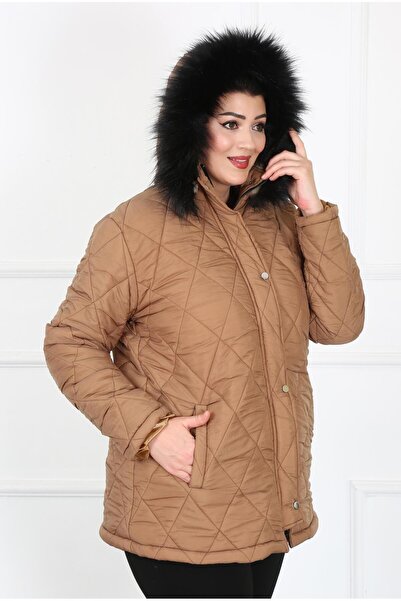 By Alba Collection Women's Tan Crinkle Fabric Wool Inside Large Size Coat