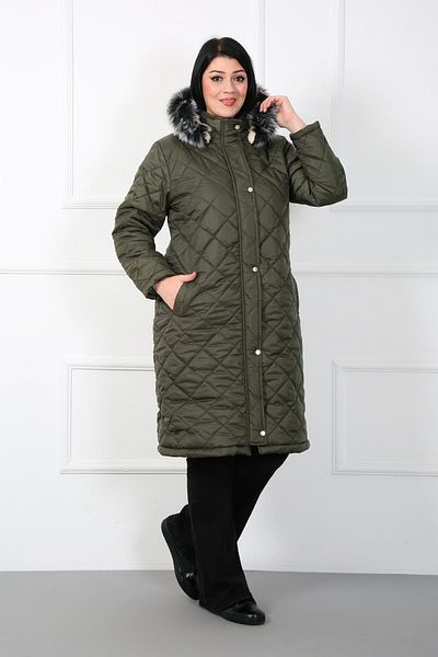 By Alba Collection Women's Khaki Baklava Pattern Puff Quilted Large Size Coat