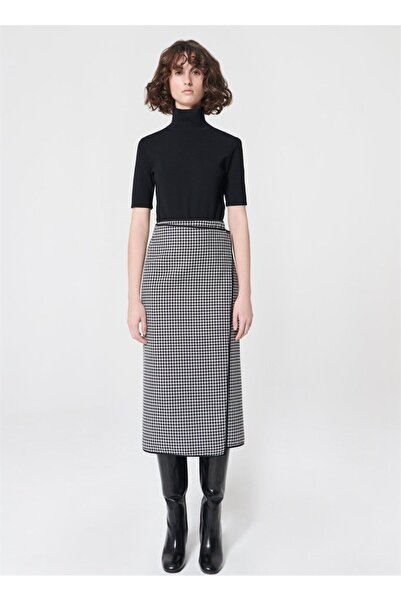 Escada Kruvaze Detaylı Siyah Beyaz Desenli Midi Boy Yün Ve Pamuk Etek