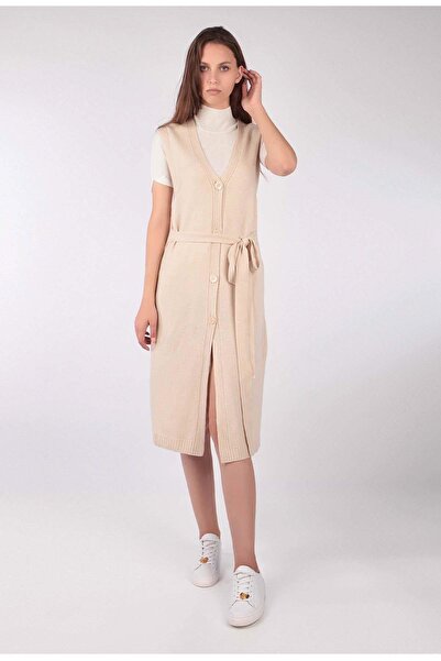 Escada Kemerli Midi Boy Yırtmaçlı Kolsuz Yün Ve Kaşmir Triko Hırka