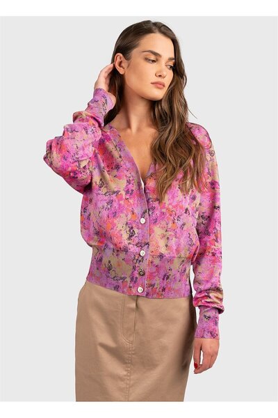 Escada V Yaka Düğmeli Pembe Pamuklu Hırka