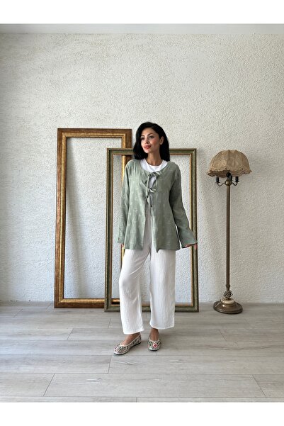 KÜÇÜĞÜM BUTİK Green Embroidered Blouse with Muslin Tie