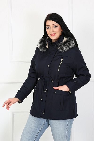 By Alba Collection Women's Navy Blue Pocket Detail Water Repellent Bondit Fabric Large Size Coat