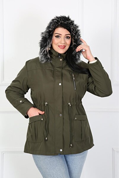 By Alba Collection Women's Khaki Pocket Detail Water Repellent Bondit Fabric Large Size Coat