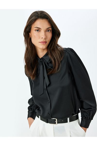 Koton Long Sleeve Lacing Detail Ruffle Satin Shirt