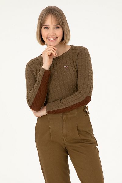 U.S. Polo Assn. Дамски пуловер с кръгло деколте в цвят каки, 50288981-VR027