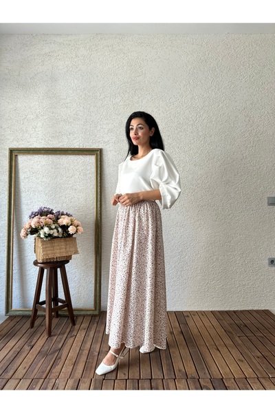 KÜÇÜĞÜM BUTİK Poplin Flared Skirt - Ecru and Purple Mixed Flower Pattern