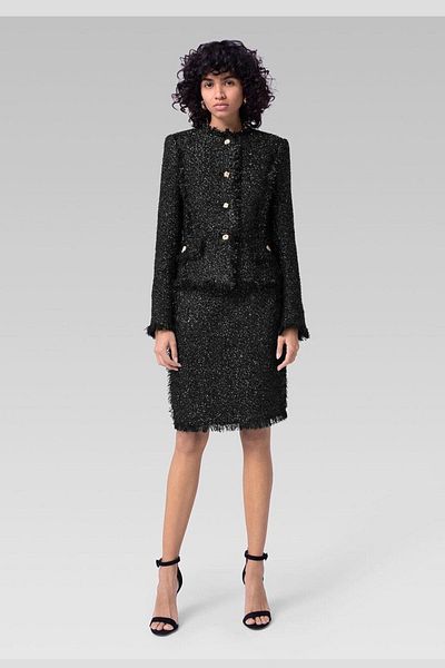 Escada Grizzled Metallic Glitter Detailed Medium Length Black Cotton and Wool Skirt