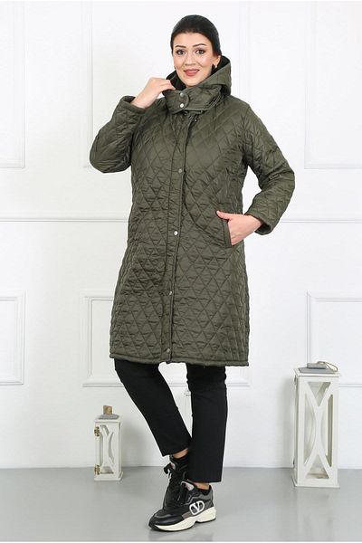 By Alba Collection Palton de damă, kaki, lung cu diamante, matlasat, de dimensiuni mari