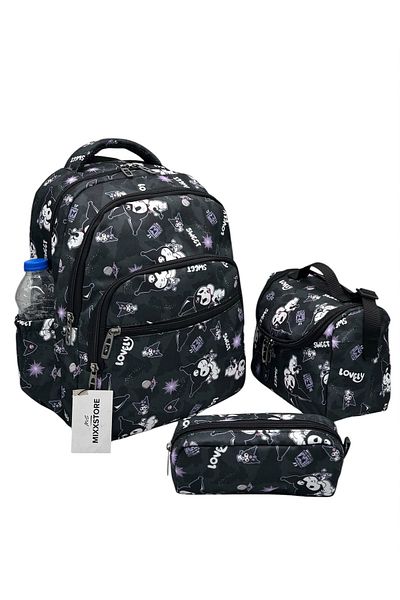 ms mixxstore Set de geanți pentru școală primară cu model de caractere de culoare neagră cu alimentare din folie și suport pentru stilou / 825